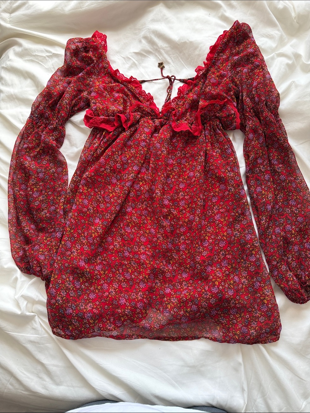 Free People Red Floral Tie-Back Ruffled dress